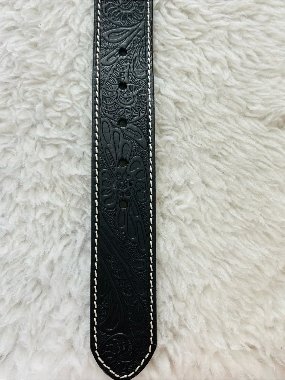 Classic Black Embossed Leather Western Belt with Engraved Silver Buckle Sz 38